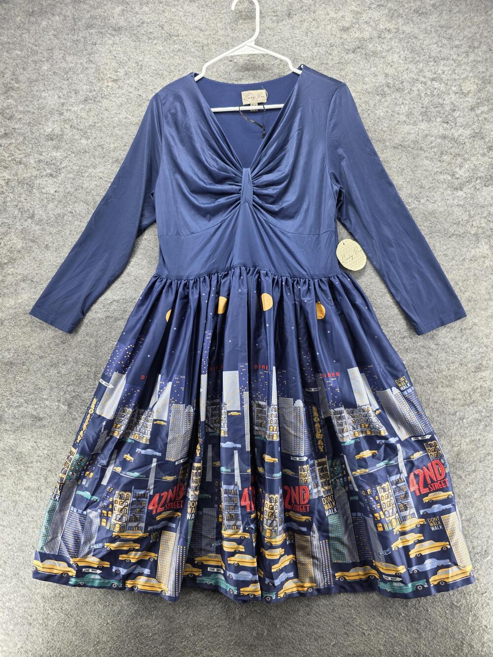Lindy Bop Dress Womens 10 Blue NYC City Print Fit Flare Long Sleeve Knee Length